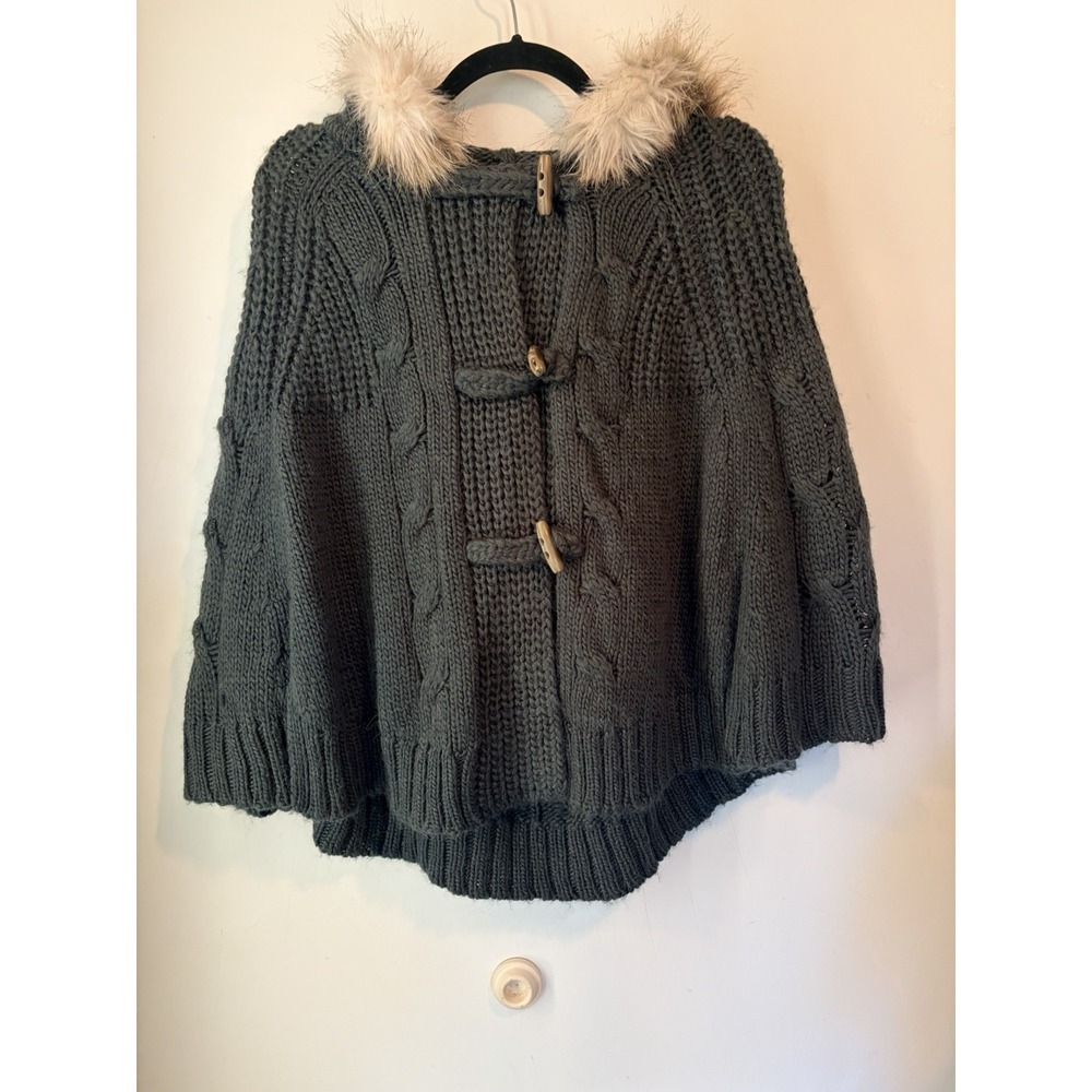 LOFT Womens XS/S Chunky Knit Poncho Sweater FauxFur Hood Toggle Gray Alpaca Wool